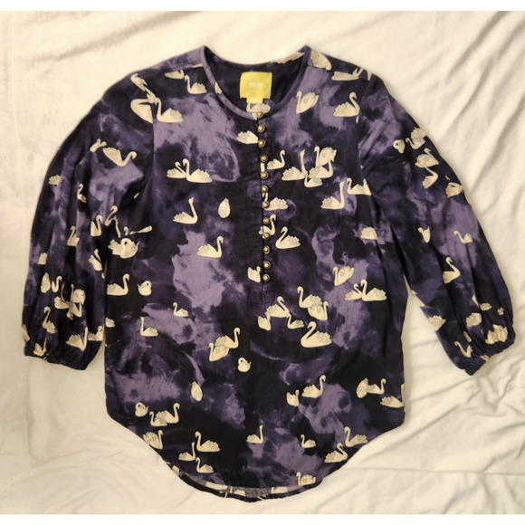 Anthropologie Maeve Bethesda Flannel Top Swan Print Blue Size XS - Picture 1 of 9